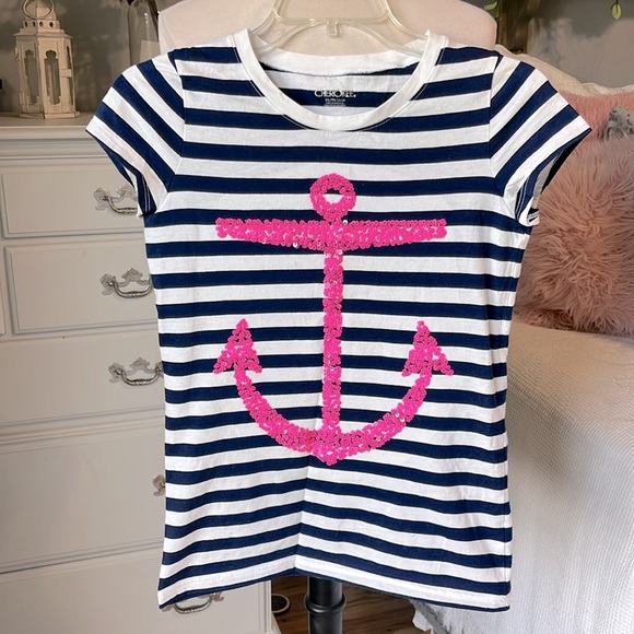 Cotton Short Sleeve Top Blue White Striped Pink Sequin Anchor Girls XL - Picture 6 of 6